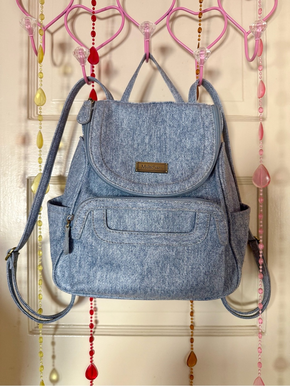 MultiSac Y2K Denim Backpack Purse Light Wash Multi Pocket